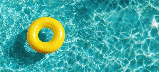The vibrant yellow float resting in a sparkling blue swimming pool.