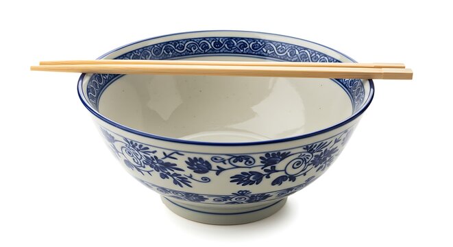 A traditional Chinese blue and white porcelain bowl with a pair of wooden chopsticks resting across the top, isolated on a clean, pure white background. 