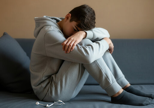 Teenage boy in gray hoodie sitting on sofa feeling depressed