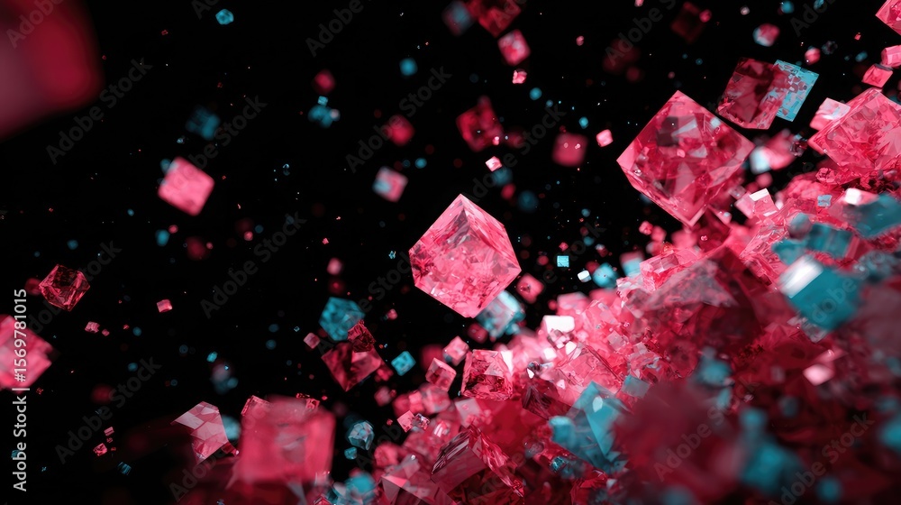 Poster angular d shapes in bright magenta and teal floating dynamically against black void