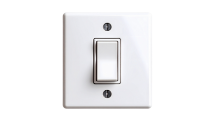 Close-up of a white light switch on a transparent background, showing the switch in the off position