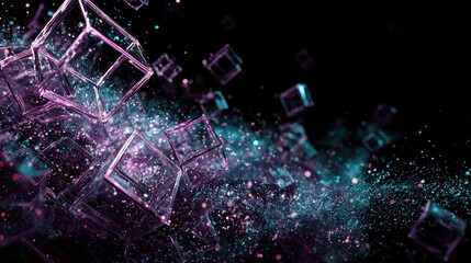 Angular D shapes in bright magenta and teal floating dynamically against black void