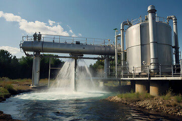 Obraz premium Futuristic water purification system releasing clean treated water into river