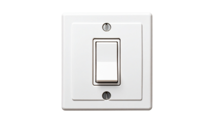 Close-up of a white light switch on a transparent background, showing the switch in the off position