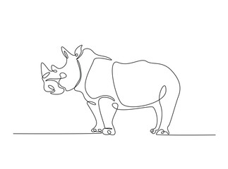 Wild rhinoceros in single outline illustration. Continuous line art drawing of rhino animal.