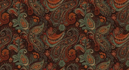 Detailed paisley pattern with earthy tones and floral elements on dark background