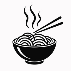 Black and white illustration of a steaming bowl of noodles with chopsticks