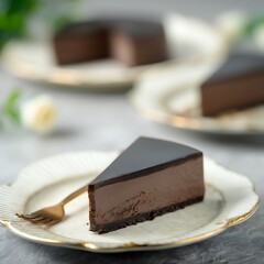 Delicious looking chocolate cheesecake slice on a plate with a golden fork