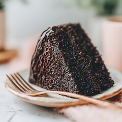 Delicious looking dark chocolate cake slice served with golden fork on plate
