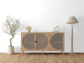 Boho Japandi Living Room Interior PNG Cutout with Wooden Round Cabinet, Floor Lamp and Bonsai Plant...