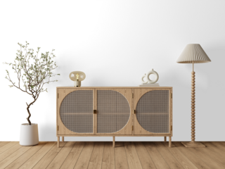 Boho Japandi Living Room Interior PNG Cutout with Wooden Round Cabinet, Floor Lamp and Bonsai Plant – Transparent Wall Mockup with Realistic Shadows – 3D render