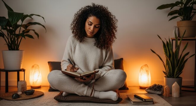 Young woman with curly hair journaling in cozy home setting with plants, crystals and warm lighting. Mindful self-care and wellness lifestyle concept.