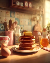 Delicious Pancake Stack Drenched in Syrup with Butter, Set in a Cozy Kitchen