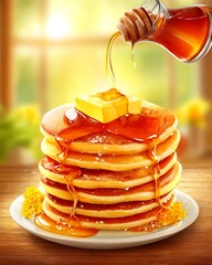 Delicious Pancake Stack with Honey and Butter, Ready to Eat for Breakfast