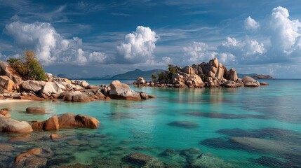 Cluster of large and small sea rocks sticking out from clear blue ocean with distant clouds
