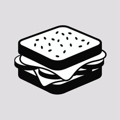 Simple black and white illustration of a layered sandwich with seeds on top bread