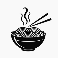 Black and white illustration of a steaming bowl of noodles with chopsticks