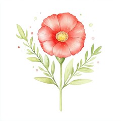 Red Flower Watercolor Painting with Green Leaves