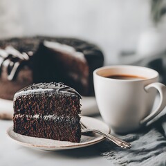Delicious Slice of Chocolate Cake with Coffee and a Grey Napkin