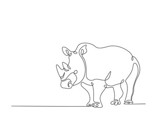 Wild rhinoceros in single outline illustration. Continuous line art drawing of rhino animal.