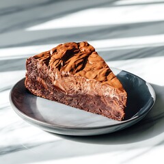 Delicious slice of chocolate cake with creamy frosting on a plate