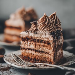 Delicious Slice of Chocolate Cake with Creamy Frosting, Served with Fork