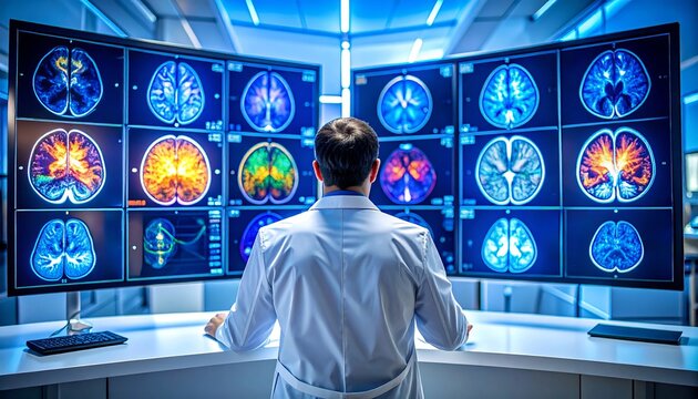 Male doctor analyzing colorful brain scan data on multiple high tech monitors in modern medical lab. Medical professional studying using advanced digital screens for diagnostic analysis.