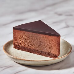 Delicious slice of chocolate ganache cheesecake on a speckled ceramic plate