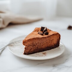 Delicious slice of chocolate cheesecake with cocoa powder on white marble table