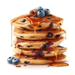 Delicious Stack of Blueberry Pancakes Drizzled with Maple Syrup on White Background