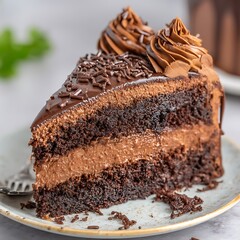 Delicious Slice of Triple Layer Chocolate Cake with Ganache and Frosting