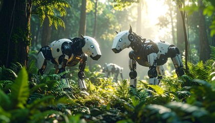 Advanced Metallic Robots with Glowing Eyes Standing in a Dense Green Forest Under Bright Sunlight Exploring Futuristic Nature