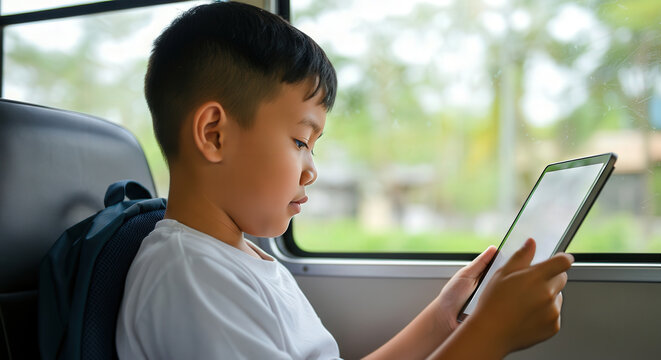Asian boy engrossed in digital tablet while traveling on a bus - Powered by Adobe