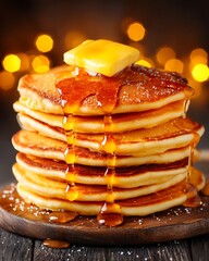 Delicious Stack of Pancakes with Butter and Syrup in a Cozy Setting