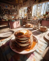Delicious stack of pancakes with butter and syrup in a bright kitchen
