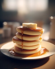 Delicious stack of pancakes with melting butter and dripping maple syrup