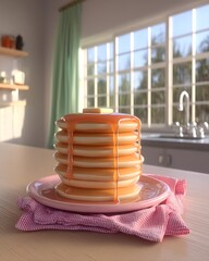 Delicious Stack of Pancakes with Syrup and Butter in a Sunny Kitchen