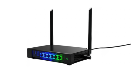A black wireless router with colorful LED lights, angled slightly, showing its design and connection cable.