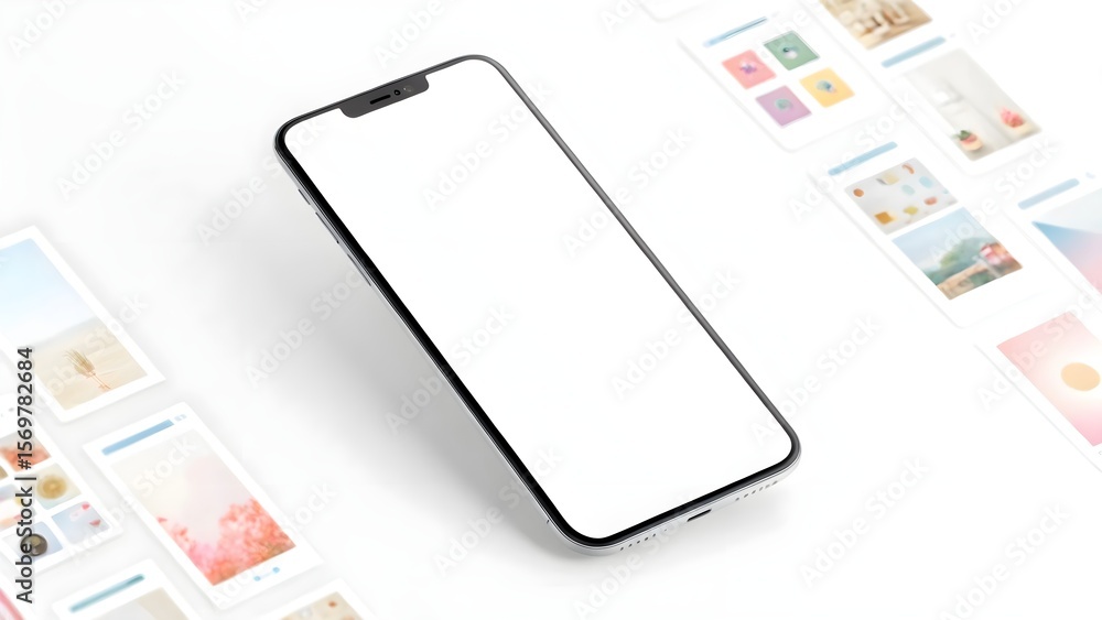 Aufkleber modern smartphone mockup with various app screens displayed around it.