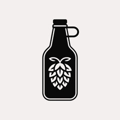 Black silhouette of a growler bottle with a hop icon on a light background
