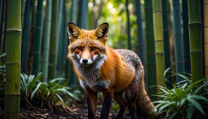 Alert Wild Red Fox Standing in Vibrant Green Bamboo Forest