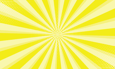 Radiant yellow background. Pop art comic book background. Sunburst yellow background with radial lines and halftone dots. 