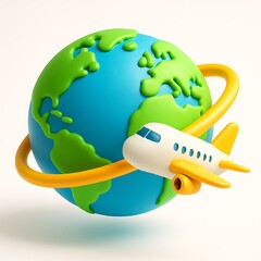 Cartoon airplane flying around a stylized globe with a yellow orbit isolated on white background
