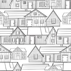 Doodle buildings. Black and white line art seamless pattern of various houses. Outline monochrome architecture