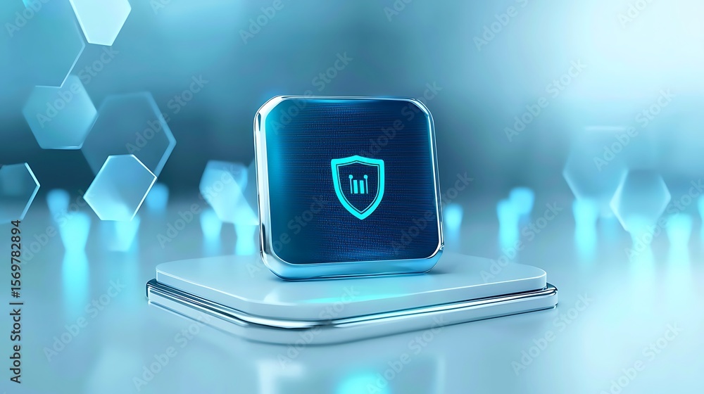 Poster futuristic shield icon on a digital platform representing cybersecurity and data protection technolo