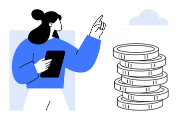 Woman with tablet pointing at coin stack representing savings, profit, or investment. Ideal for finance, economy, business, growth, income planning startup concepts. Simple flat metaphor