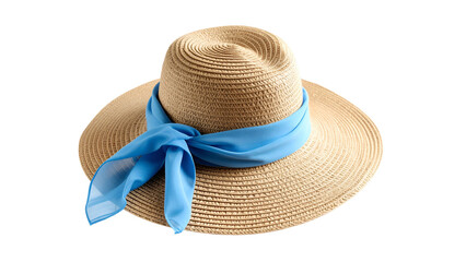 Stylish wide-brimmed straw hat adorned with a light blue scarf, perfect for summer, isolated on a transparent background