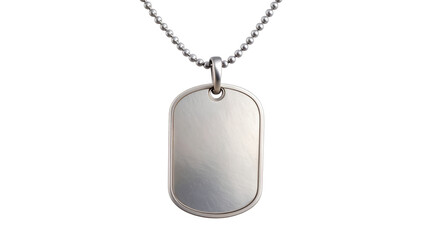 Silver military dog tag suspended from beaded chain, metallic surface gleaming against transparent backdrop