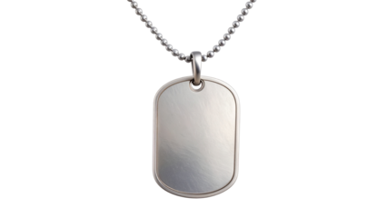 Silver military dog tag suspended from beaded chain, metallic surface gleaming against transparent backdrop