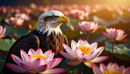 American Eagle Among Pink Lotus Flowers at Sunset Calm Nature Scene